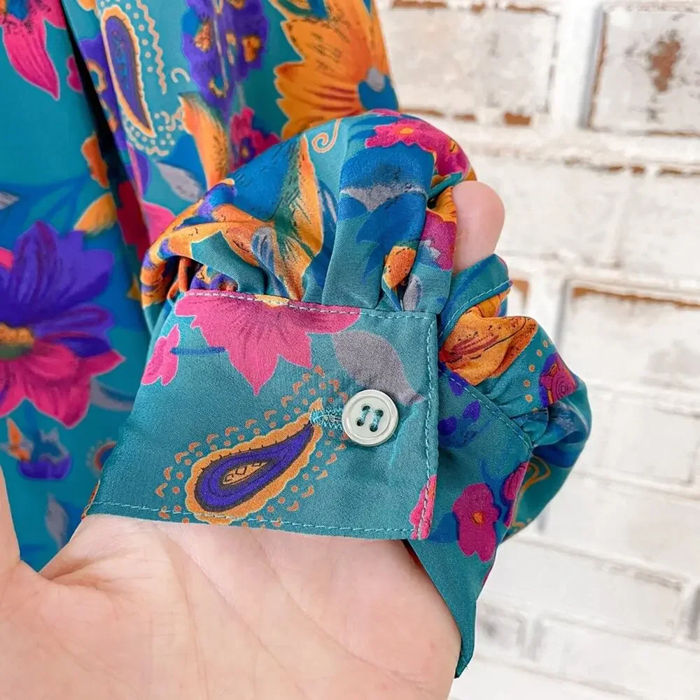 Vintage 80s Alfred Dunner Teal Pink Orange Floral Tie Neck Button Down Top 14 - Picture 4 of 9